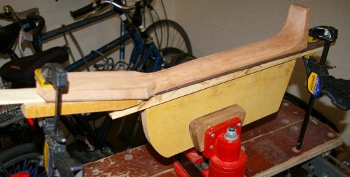 neck in carving jig, in swivel vice, on workmate