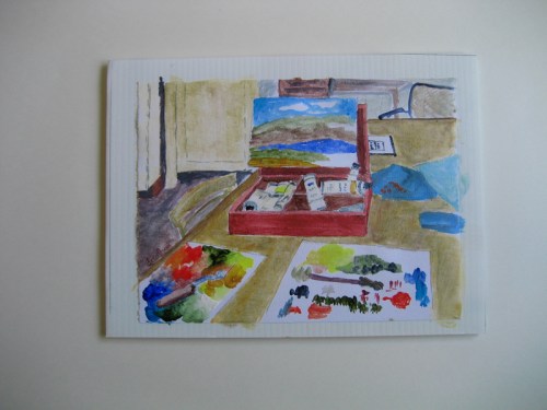 painting taped to a plastic signboard backing