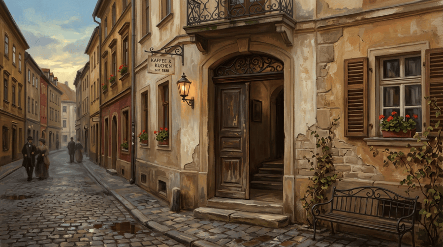 Cobblestone street with historic buildings, a coffee and cake shop sign, and people walking