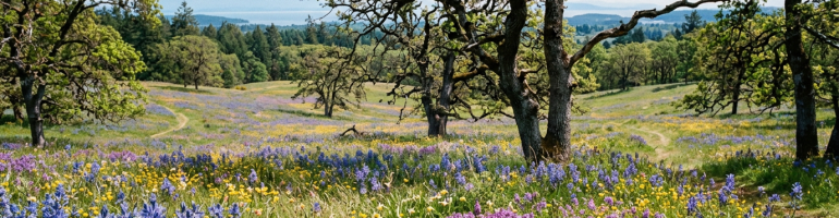 Meadow with purple, yellow, white wildflowers and green oak trees under blue sky