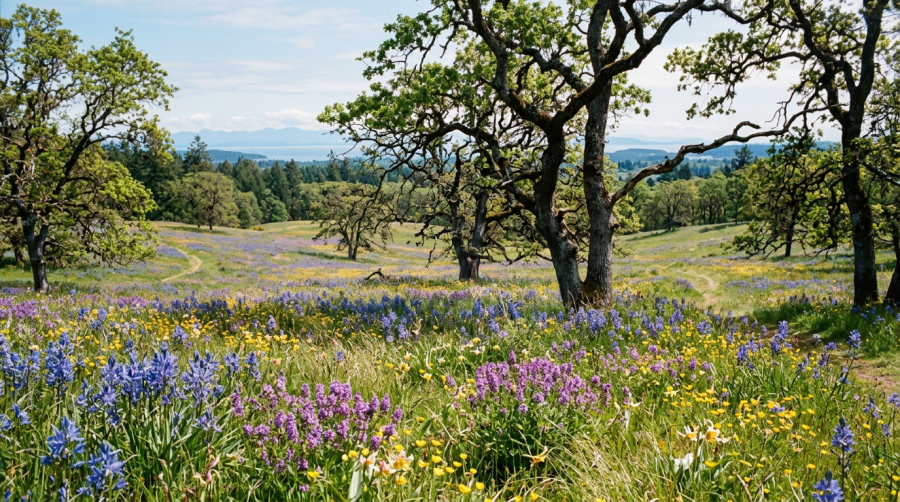 Meadow with purple, yellow, white wildflowers and green oak trees under blue sky